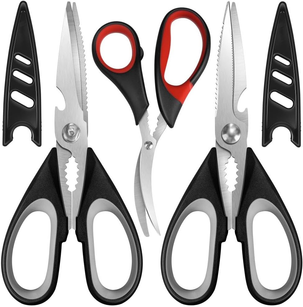 3-Pack All Purpose Kitchen Shears with Serrated Blade, Stainless Steel Cooking Scissors with Protective Sheath