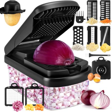12-in-1 Food Veggie Chopper Cutter with Container, 7 Sharp Blades Dice Slice Shred and Grate, Non-Slip Base and Drain Basket