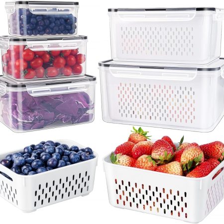 5 Pack Large Fruit Containers with Removable Colander, Leakproof Produce Containers Keep Fruits Vegetables Berry Fresh longer, Dishwasher & Microwave Safe