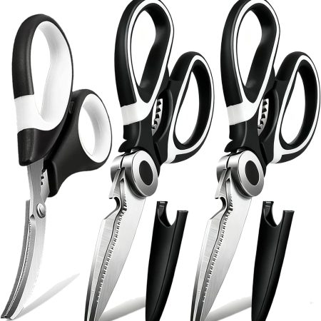 3-Pack Kitchen Scissors with Serrated Blade, Heavy Duty Stainless Steel, Protective Sheath, Comfort-Grip