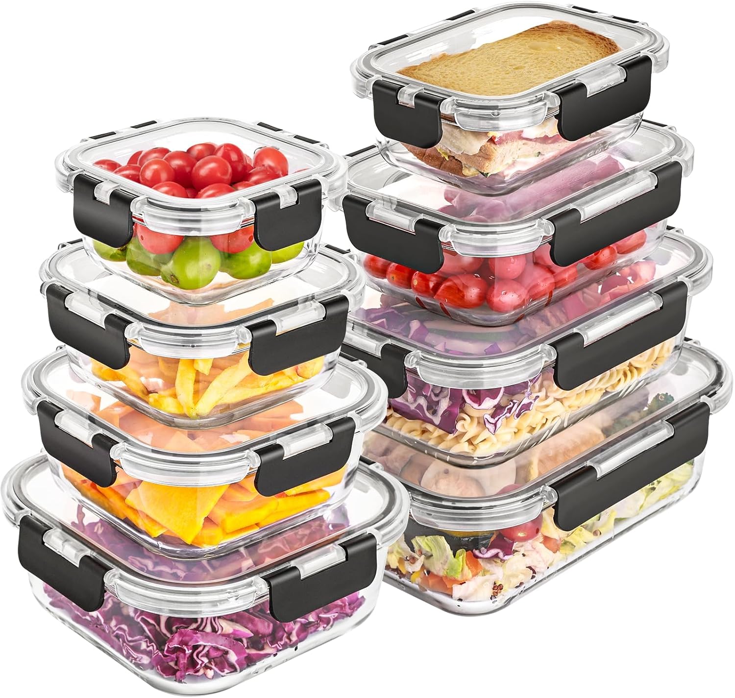 8 Pack Glass Food Storage Containers with Lids, Meal Prep Containers, Airtight Bento Boxes with Leak Proof Locking for Microwave Oven Freezer and Dishwasher, BPA Free