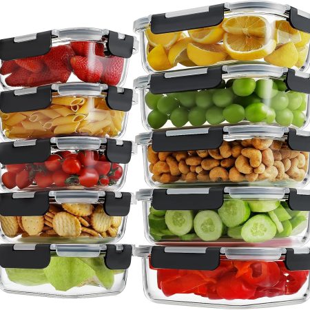 10 Pack Borosilicate Glass Meal Prep Containers with Locking Lids, Airtight Lunch Bento Boxes, BPA-Free & Leak Proof, Freezer & Oven Safe