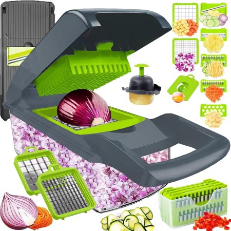 Vegetable Chopper Dicer with Container, Cheese Grater Mandoline Slicer Cabbage Shredder French Fry Cutter, Stainless Steel