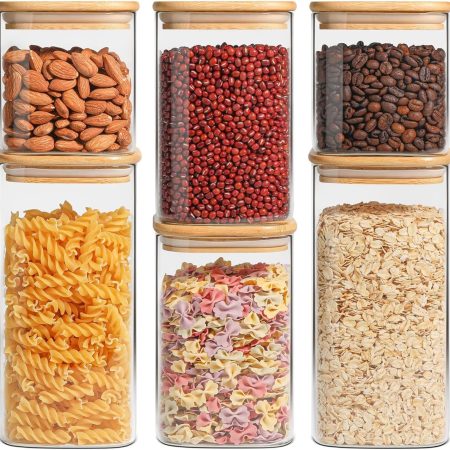Glass Pantry Storage Containers Set of 6, Square Glass Storage Containers with Bamboo Lids, Silicone Seal, BPA Free