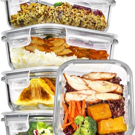 5 Pack 22oz Glass Storage Containers with Lids, Glass Meal Prep Food Container Sets, Snap Airtight Lid, Microwave Oven Freezer Dishwasher Safe, BPA Free